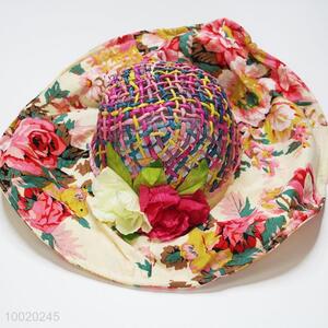Fashion Flower Printed Big Weave Brim Hat
