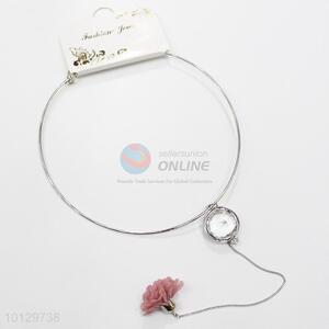 Silver choker with clear stone&pink cloth flower