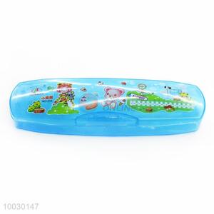 Cartoon Pattern Transparent Blue Plastic Pencil Box