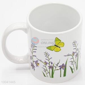 Customized wholesale 8*9.5cm printed butterfly ceramic cup with handle