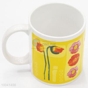 8*9.5cm Ceramic printed flower yellow cup with handle