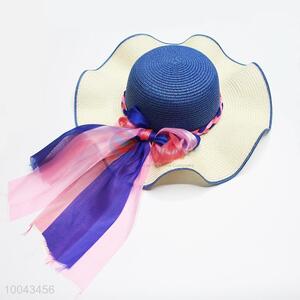 Blue big brim paper hat with ribbon