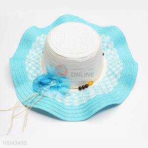 Blue big brim paper hat with wooden beads