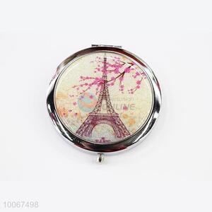 Flower and Eiffel Tower Pattern Round Foldable Pocket Mirror with Metal Border