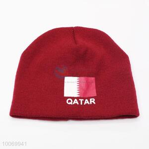 Wine Red Acrylic Knitted Beanie Hat with the Pattern of Qatar Flag