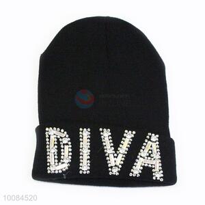 Letter Printed Acrylic Fiber Knitted Hat/Cap With Diamonds