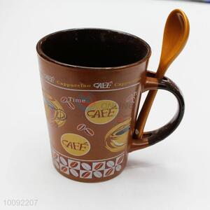 Brown ceramic cup with spon and spon sit