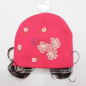 Winter warm girls knitted cap with hairpiece