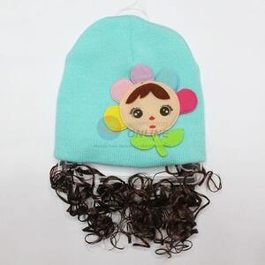 Children warm knitted hat with hairpiece
