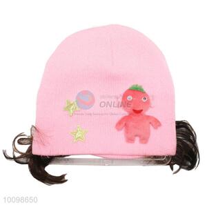 Knitted lovely pink children hat with hairpiece