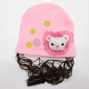 Girls hat with hair hairpiece knitted baby warm hat