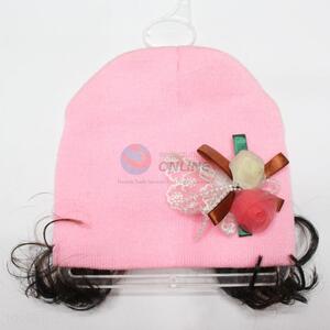 Children's fashion pink knitted chidren with hairpiece