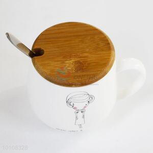 White Ceramic Coffee Mug With Spoon and Lid