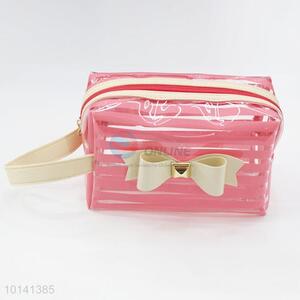 Striped Pink Transparent PVC Cosmetic Tote Bag with Zipper