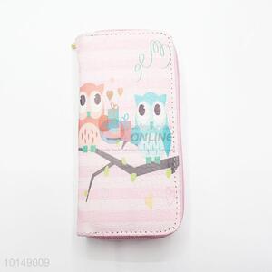 Pink Cartoon Owl Pattern Fashion Women Long Wallets Multi-purpose Pouch PU Leather Hasp Purse