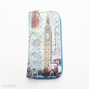 Glitter Star Big Ben and Car Printed Zipper Long Wallet PU Leather Purse Ladies Clutch Card Holder