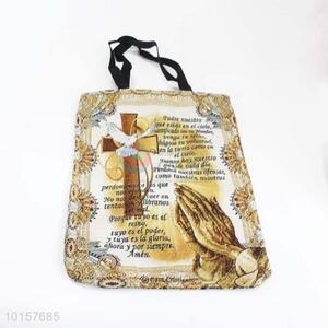 38*28cm Religious Themes Cross Printed Grosgrain Hand Bag with Zipper,Black Belt