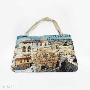 28*38cm Jerusalem Printed Grosgrain Hand Bag with Zipper,White Belt
