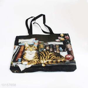 28*38cm Cool Cat Printed Grosgrain Hand Bag with Zipper,Black Belt