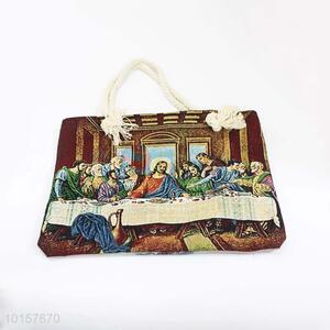28*38cm The Last Supper Printed Grosgrain Hand Bag with Zipper,White Twine Belt