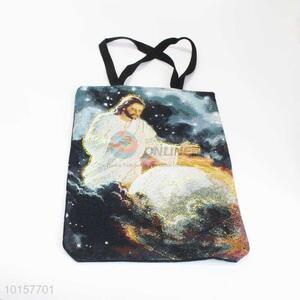 38*28cm Religious Themes Jesus Printed Grosgrain Hand Bag with Zipper,Black Belt