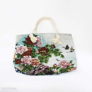 28*38cm Kinds of Flower Printed Grosgrain Hand Bag with Zipper,White Twine Belt