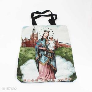 38*28cm Religious Themes Goddess Printed Grosgrain Hand Bag with Zipper,Black Belt