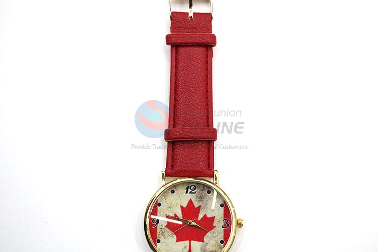 Nice Red Maple Leaf Wrist Watch with Leathern Watchband for Sale