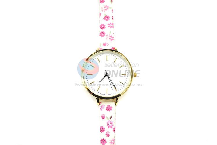 Pink Flower Printed Wrist Watch with Leathern Watchband Watchband for Sale