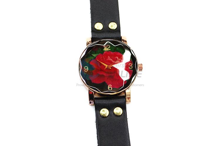 Ornamental Red Flower Pattern Wrist Watch with Leathern Watchband for Sale