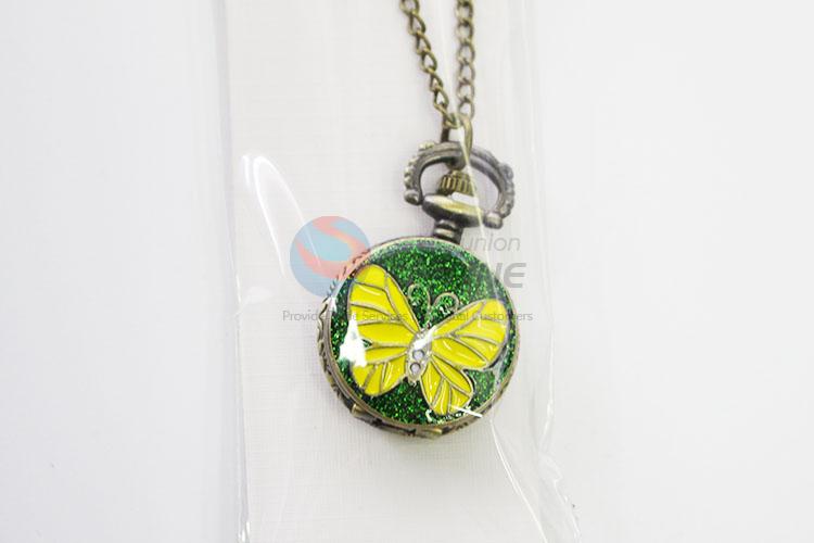 Yellow Butterfly Pattern Metal Quartz Pocket Watches with Chain