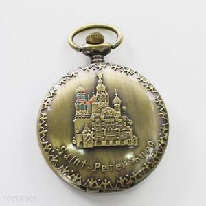 Castle Pattern Bronze Metal Quartz Pocket Watches Fashion Accessories