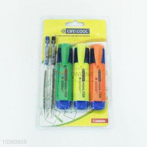 Promotional Gift 3pc Fluorescent Pen Highlighter Marker Pens with 2pc Ball-point Pens