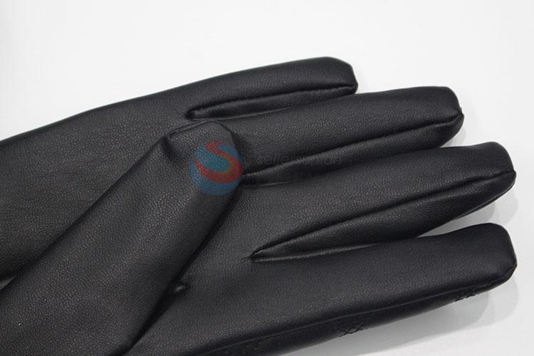 Women Bowknot PU Leather Mitten Soft Quilted Winter Warm Gloves