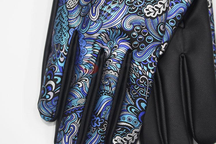 Vintage pu gloves ladies warm winter printed gloves