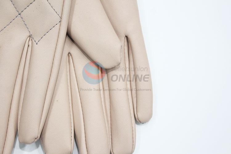 Women Warm Quilting PU Leather Gloves with Zipper