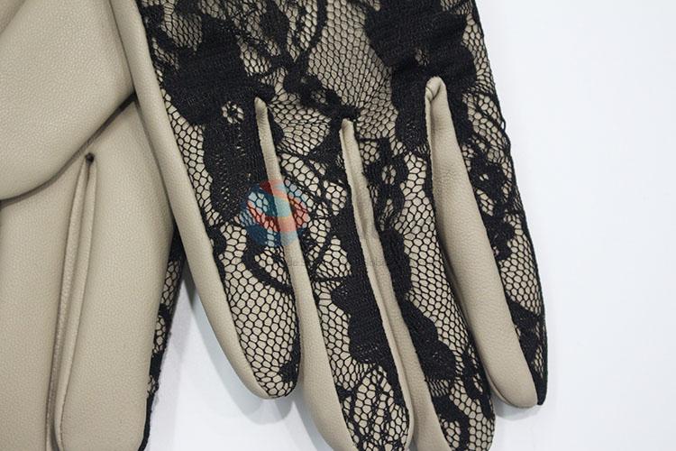 Women Dresses PU Leather Gloves Winter Warm Lace Gloves