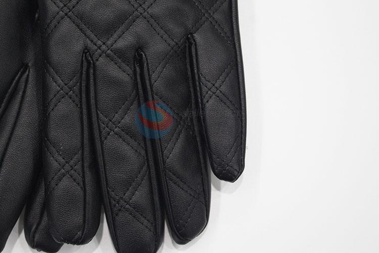 Women Bowknot PU Leather Mitten Soft Quilted Winter Warm Gloves