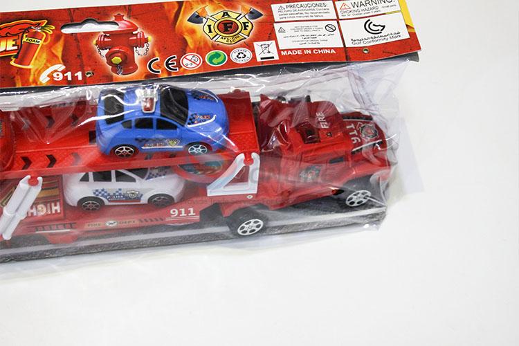 Cute Design Inertia Fire Engine Drag Head Car with Light Music Carry 4pcs Police Car Boy Toys Pack of Electricity