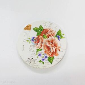 Flower Pattern Round Wood Cup Mat