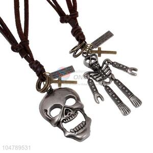 Factory directly sell vintage alloy skull pendant cowhide necklaces
