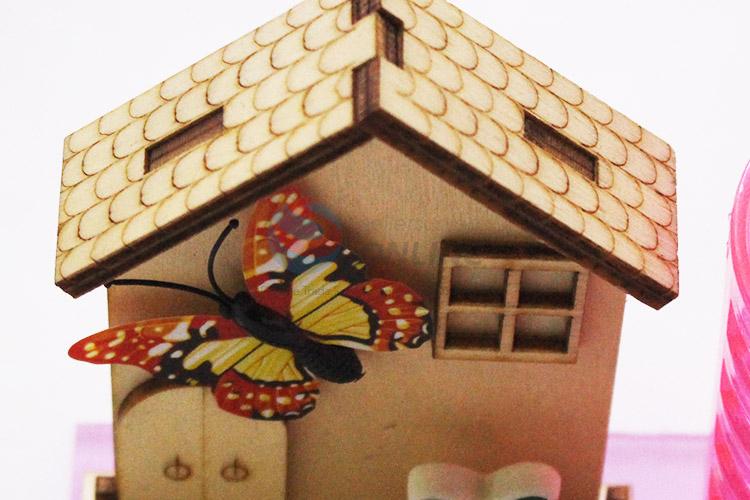 Useful Simple Best Wooden House Model Craft with Pink Color Pen Container