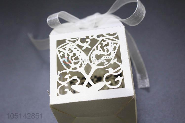 Low price laser cut paper candy box with ribbon