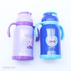 Top sale cartoon stainless steel thermos bottle with handles, straw