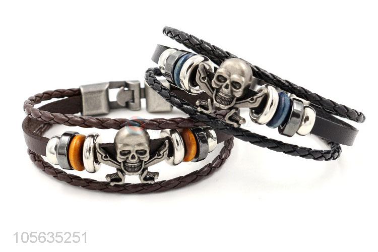 New items retro styles handmade mens leather bracelets with skull charms