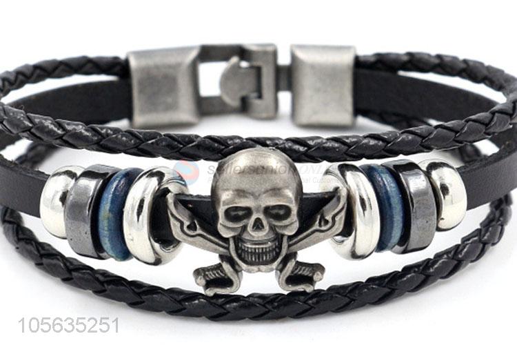 New items retro styles handmade mens leather bracelets with skull charms