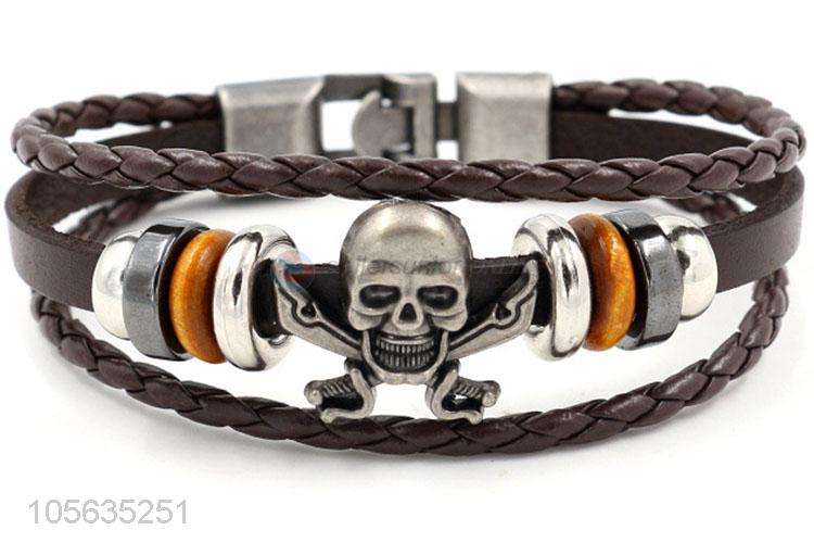 New items retro styles handmade mens leather bracelets with skull charms