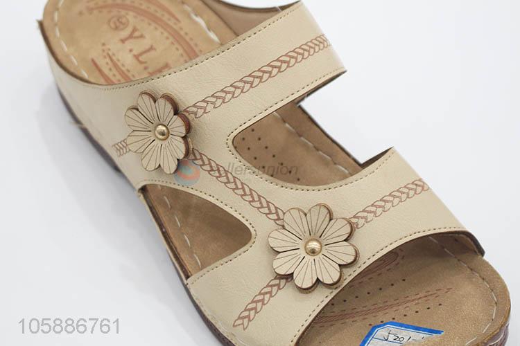 Good quality flower embellished ladies pu slope heel slippers