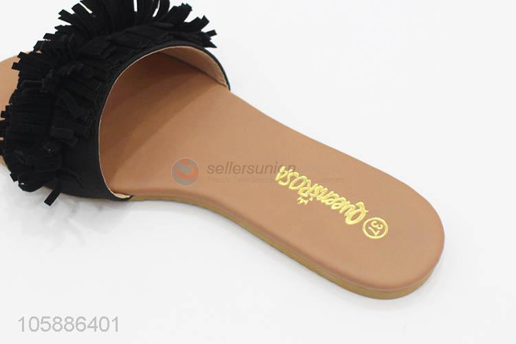 Superior quality stylish women faux suede fringe peep toe slippers