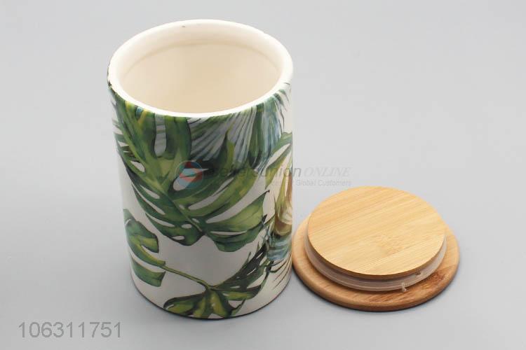 Superior quality green leaf printing ceramic storage jar